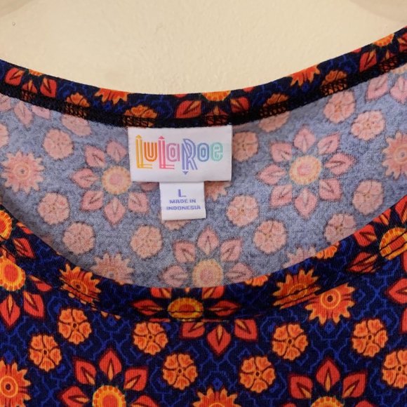 LuLaRoe Julia Dress Kaleidoscope Print Large Navy Blue Orange - Picture 7 of 9